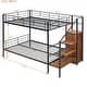 Black Full Size Metal Bunk Bed with Storage Stairs and Wardrobe, Sturdy Dormitory Heavy Duty Metal Bedframe with Safety Rails