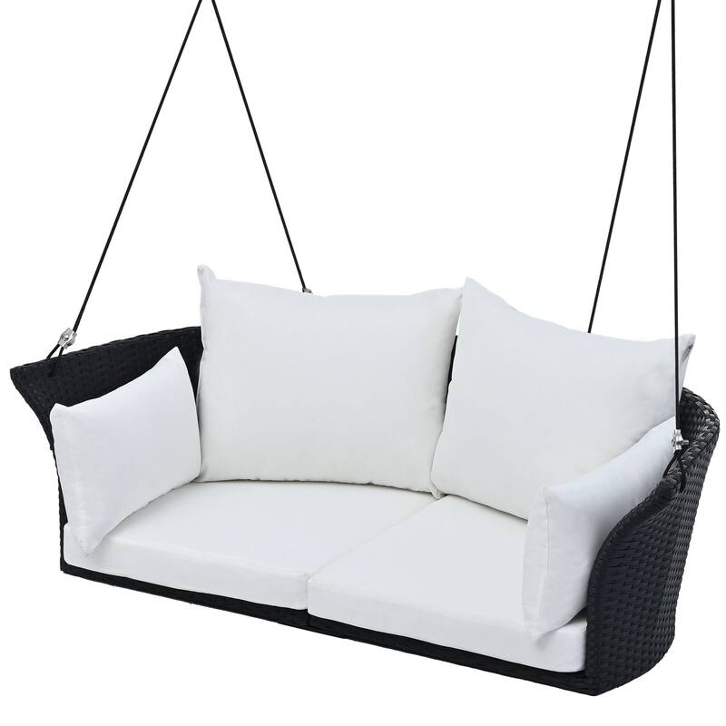 2-Person Porch Swing Bench, PE Rattan Outdoor Swing Chair w/ Comfortable Seat & Back Cushions, Patio Loveseat Swing for Balcony