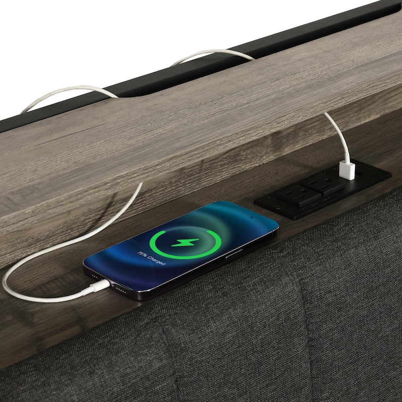 Upholstered Platform Bed with Charging Station and Storage Headboard
