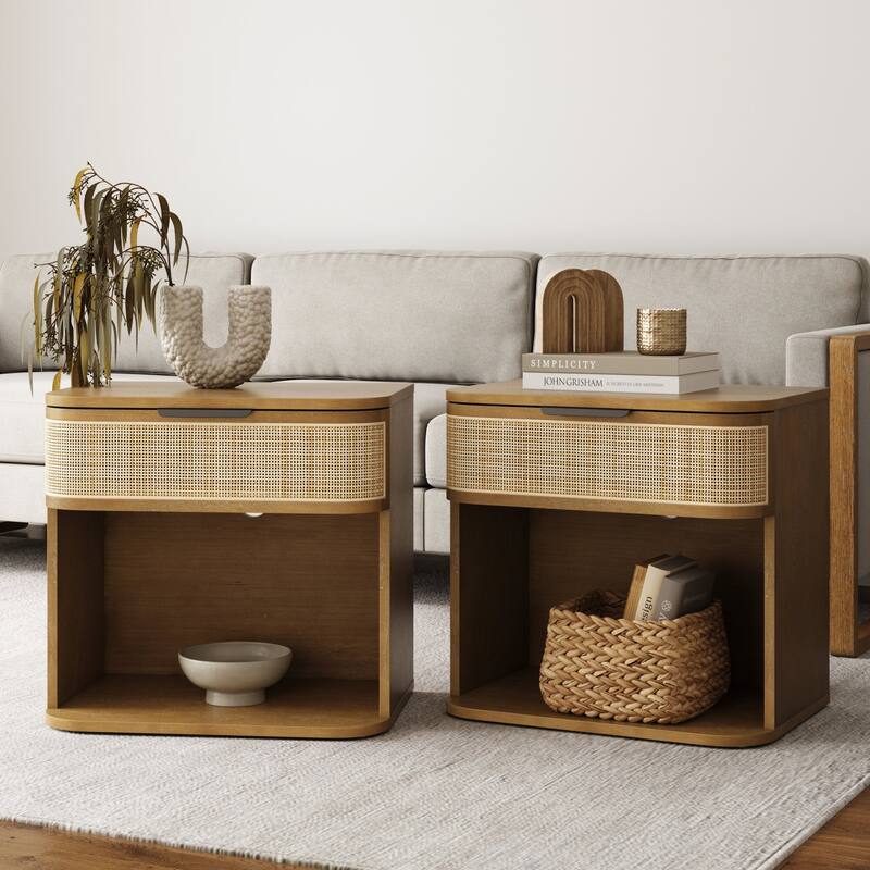 Keith Farmhouse Bedside Table, Modern Coastal Nightstand, Rattan Nighstand with 1 Drawer for Bedroom