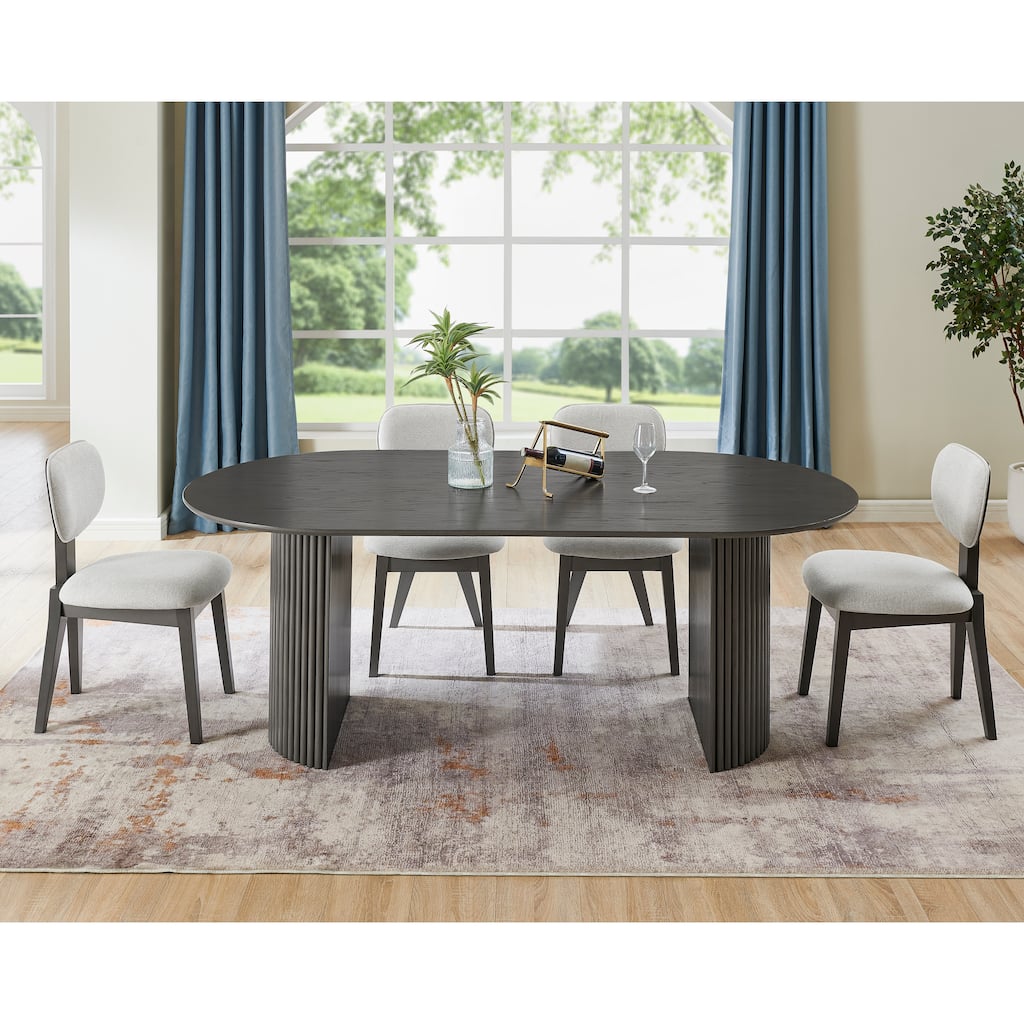 Valencia 5-Piece 80" Oval Gray Oak Finish Dining Set with Dual Pedestal Base & Light Gray Fabric Upholstered Chairs