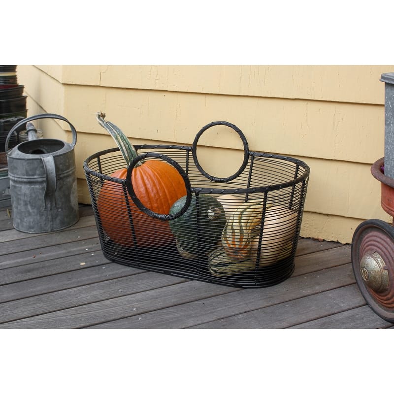 Achla Designs Small Hand-Woven Steel Harvest Basket, Black Powder Coat Finish
