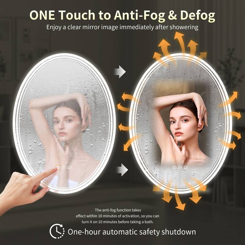 UL Certified Oval LED Bathroom wall Mirror, Anti-fog, 3-Color Dimmable