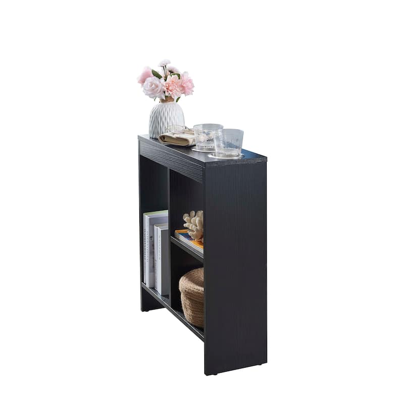 Slim Side Sofa End Table with Drink Holders and Built-in Shelving Magazine Holder, Black