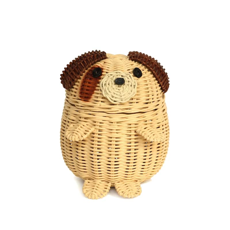 Dog Rattan Storage Basket with Lid Decorative Home Decor Hand Woven Shelf Organizer Cute Handmade Handcrafted Gift Artwork