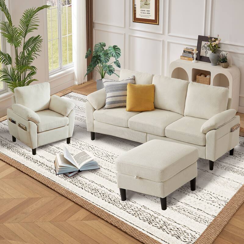79.72" Corduroy 3 Pieces Living Room Sets Including Sectional Sofa with Storage Ottoman and Armchair Set