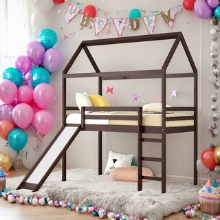 Twin Size House Loft Bed with Slide, Health and Comfort, White