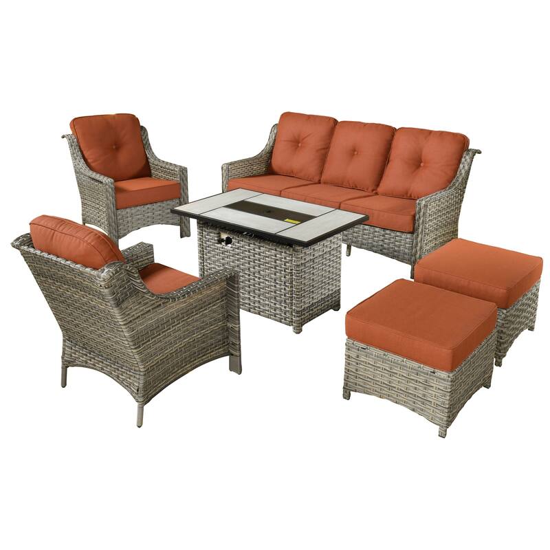 XIZZI 6-piece Rattan Wicker Outdoor Furniture Deep Seat Sofa Set with Fire Pit