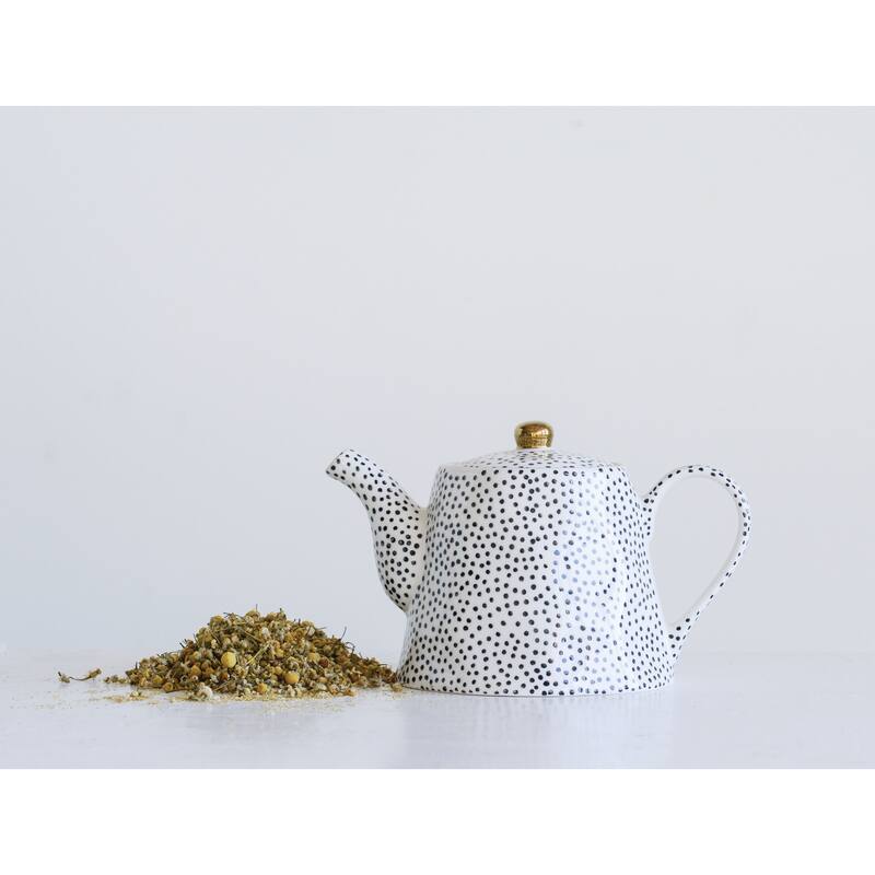 White Stoneware Teapot with Black Speckles & Gold Electroplating