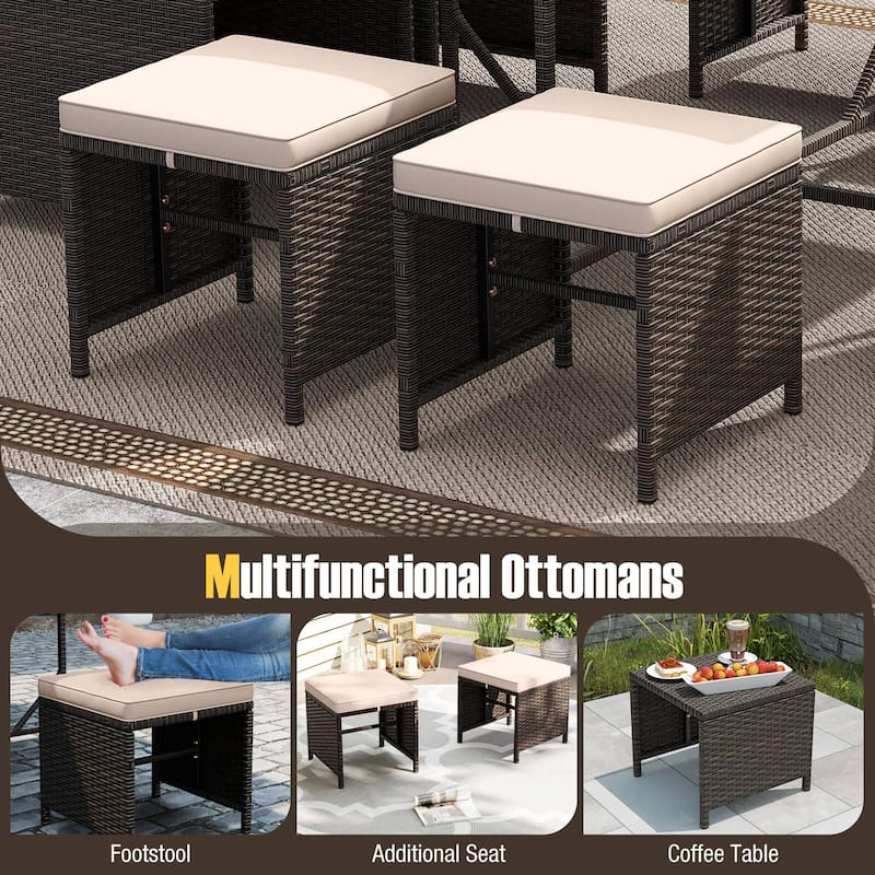 Costway 9 PCS Patio Dining Set with Tempered Glass Table & Ottoman - See Details