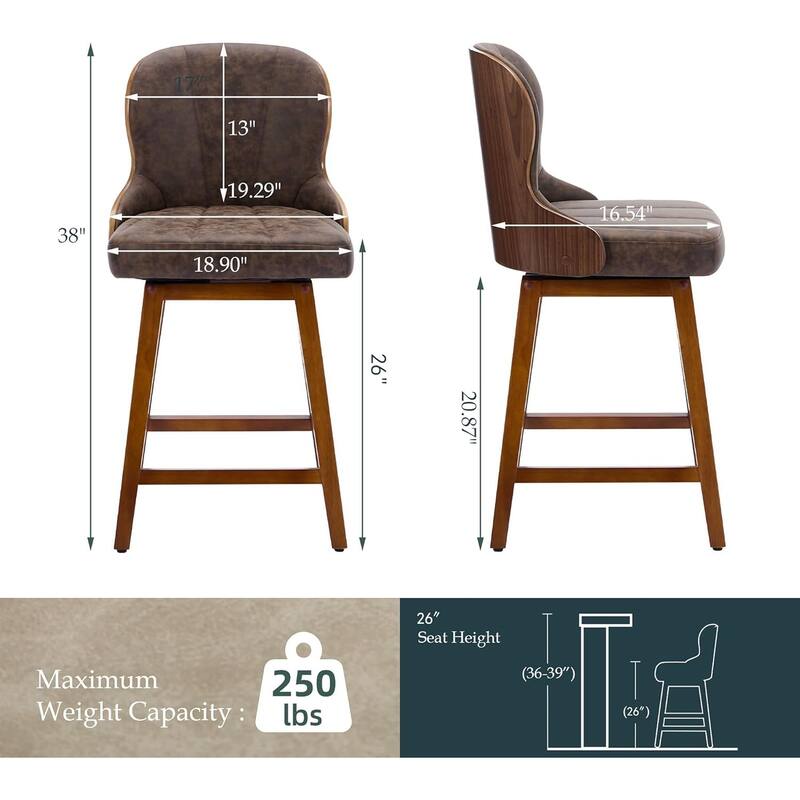XINMICS 26 Inches Counter Height Bar Stools, Swivel PU Leather Bar Stools with Bentwood Backs, Set of 2/3 - N/A