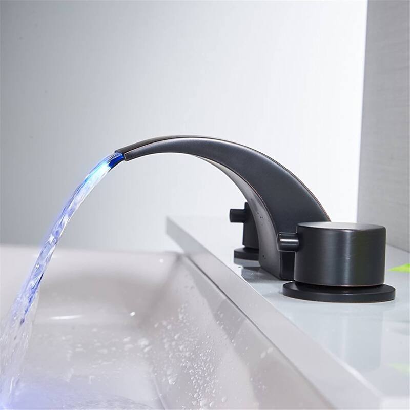 LED Widespread Bathroom Faucet With Drain Assembly 3 Holes Waterfall Bathroom Sink Faucets WIth Light 2 Handle Basin Vanity Tap