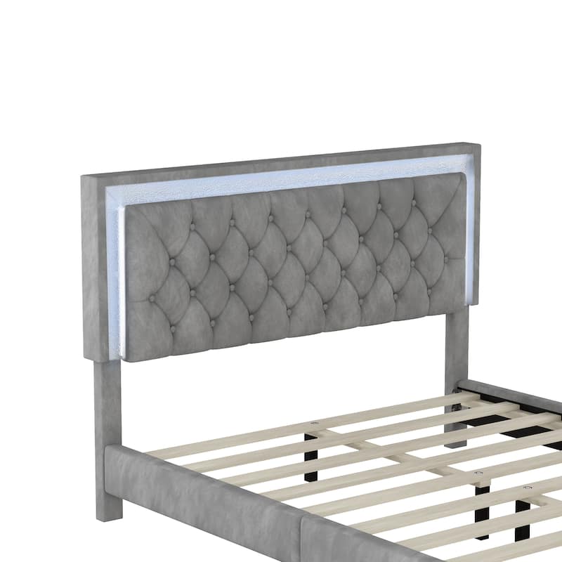 Queen Size Upholstered Bed Frame with LED Lights