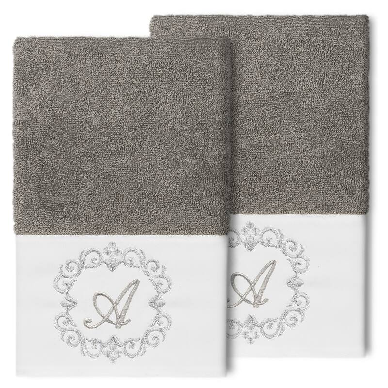 Authentic Hotel and Spa 100% Turkish Cotton Monica 2PC Embellished Hand Towel Set - A - Dark Gray