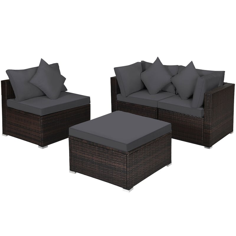 4 Pieces Patio Rattan Furniture Set with Removable Cushions and Pillows - Corner Sofa: 29" x 29" x 25" - Grey