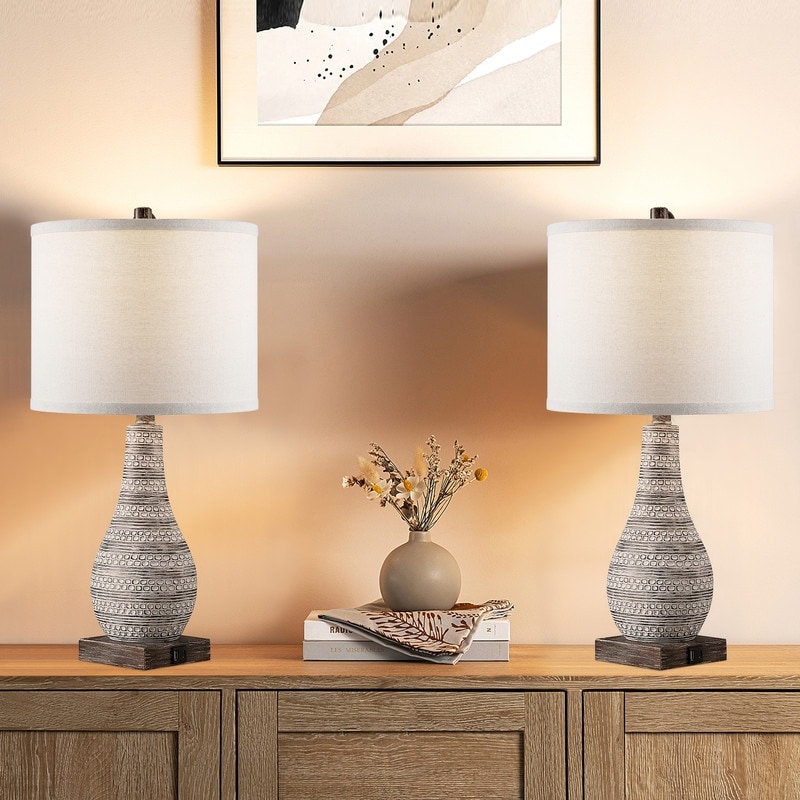 KAWOTI Set of 2 Farmhouse Table Lamps with USB Ports and Night L 並行輸入品 KAWOTI Touch Control Table Lamp Set with USB Ports (Set of 2) - On