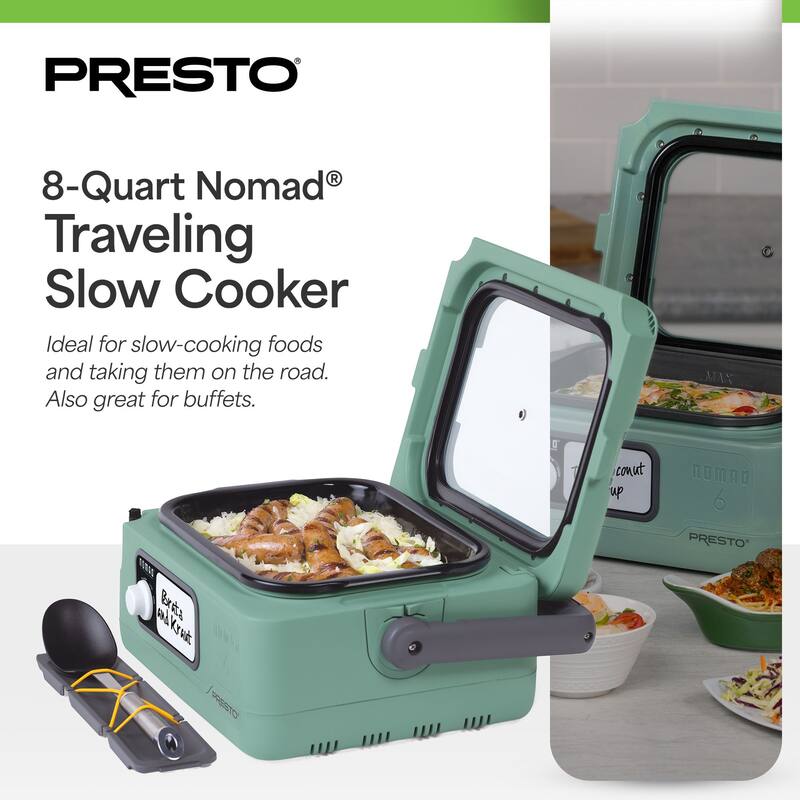 Presto 06019 8 Qt Nomad Portable Electric Slow Cooker, Locking Lid, Green/Gold
