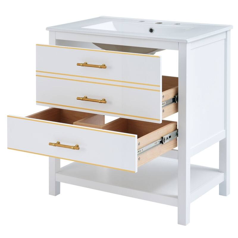 30" Bathroom Vanity with Ceramic Sink,Open Storge, 2 Drawers