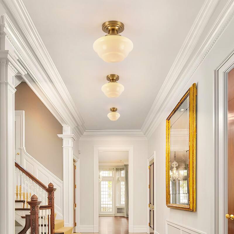 8.7" 1-Light Vintage Brass/Black Milk Glass Flush Mount Ceiling Light for Hallway