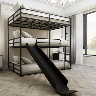 Metal Full Size Loft Bed with Slide and Ladder, Black
