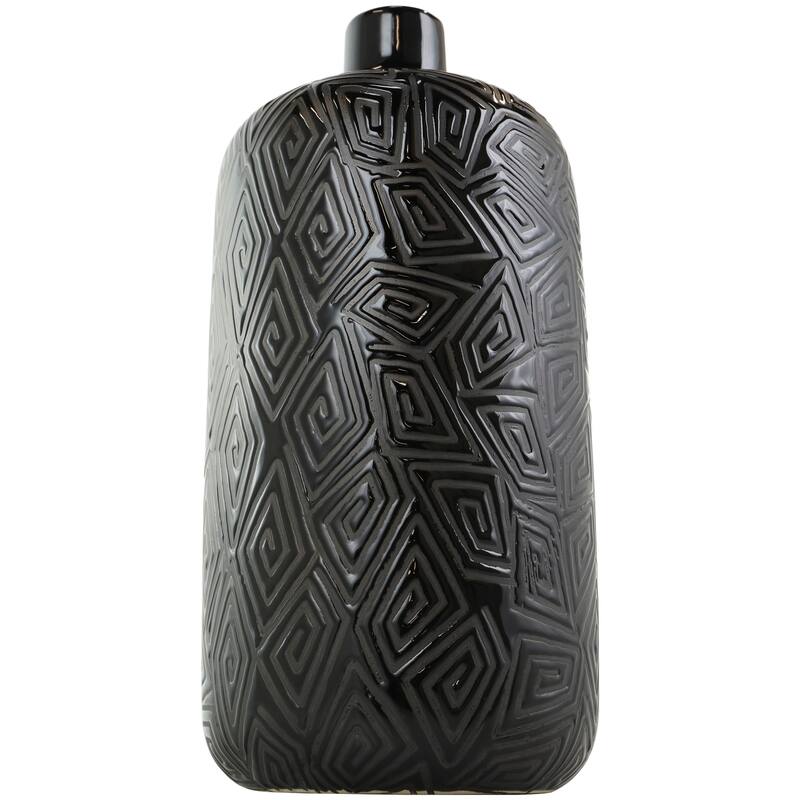 Black Ceramic Vase with Geometric Etchings