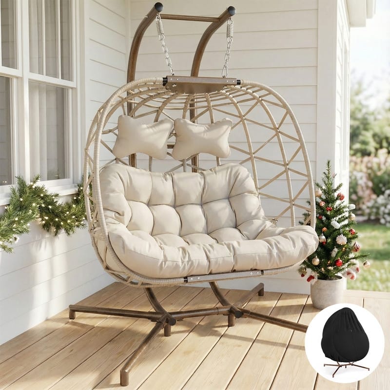 Oversized Outdoor Double Hanging Egg Chair with Cushions, 700 lbs Capacity Swing Chair for Indoor or Patio