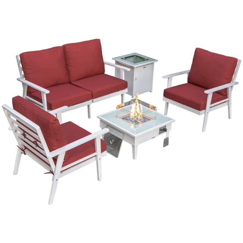 Walbrooke Modern 4-Piece Aluminum Patio Polyester Seating Furniture Set with 37,000 BTU Propane Fire Pit Table and Tank Holder - Red