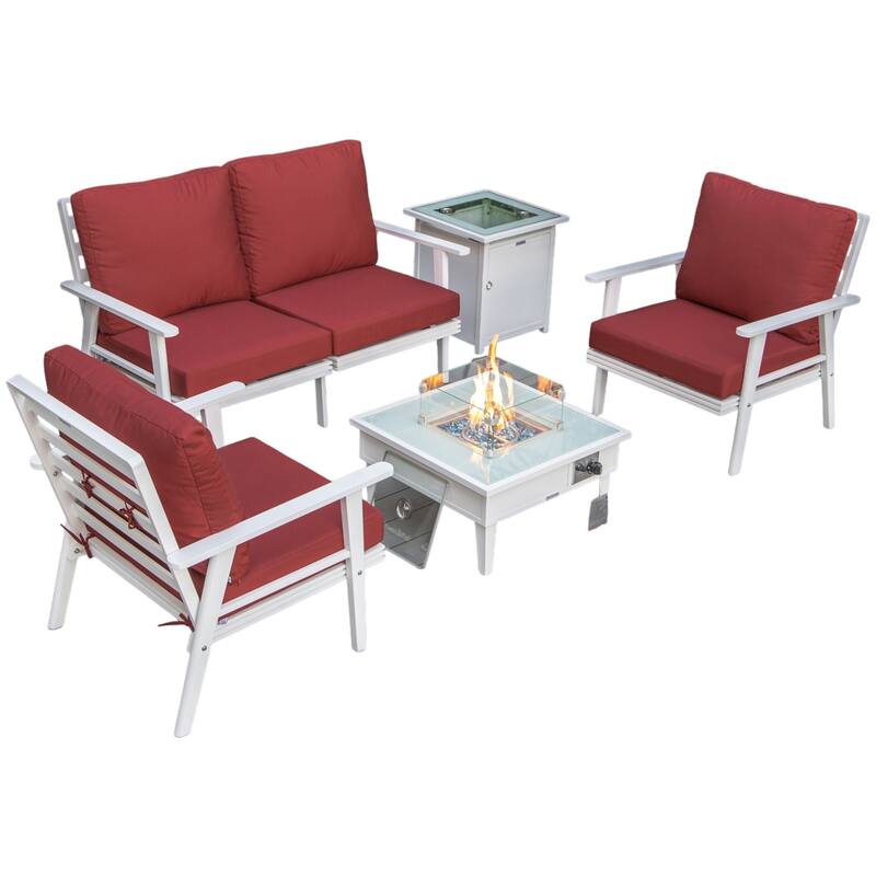 Walbrooke Modern 5-Piece Aluminum Patio Polyester Seating Furniture Set with 37,000 BTU Propane Fire Pit Table and Tank Holder - Red