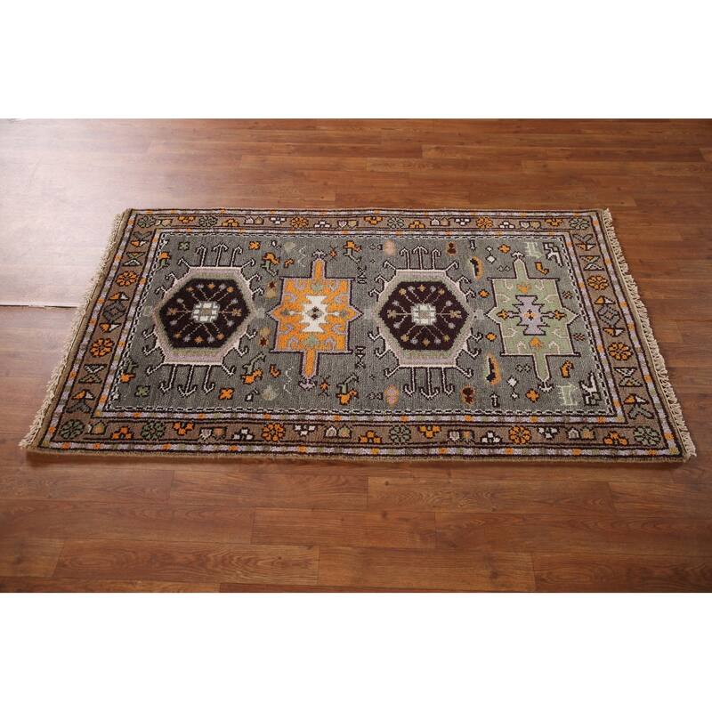 Geometric Grey Kazak Indian Rug Hand-Knotted Wool Carpet - 3'0"x 5'0"