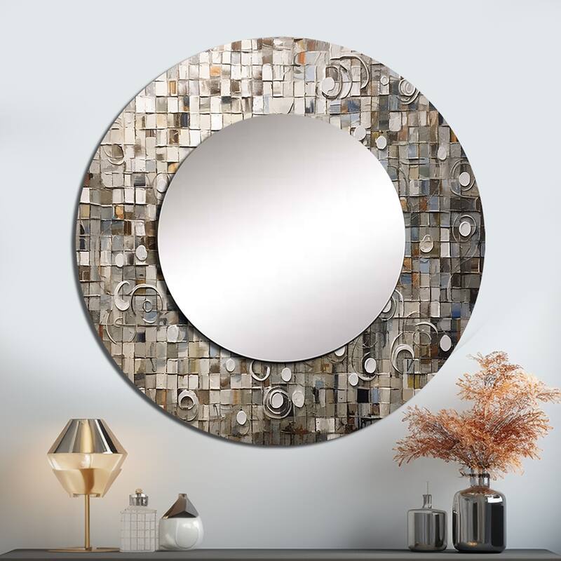 Designart "Brown And White Bohemian Medley" Boho Mosaic Wall Mounted Round Large Mirror - Modern Large Mirror Wall Décor