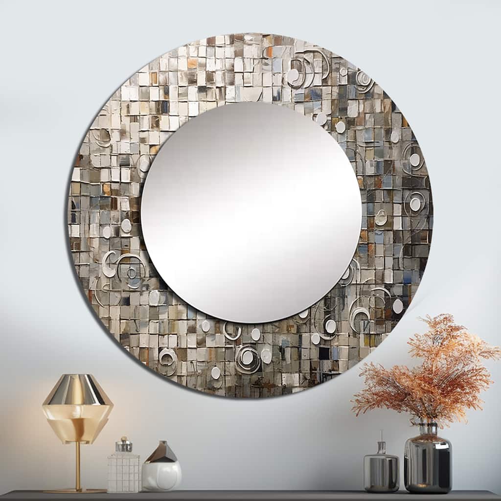 Designart "Brown And White Bohemian Medley" Boho Mosaic Wall Mounted Round Large Mirror - Modern Large Mirror Wall Décor