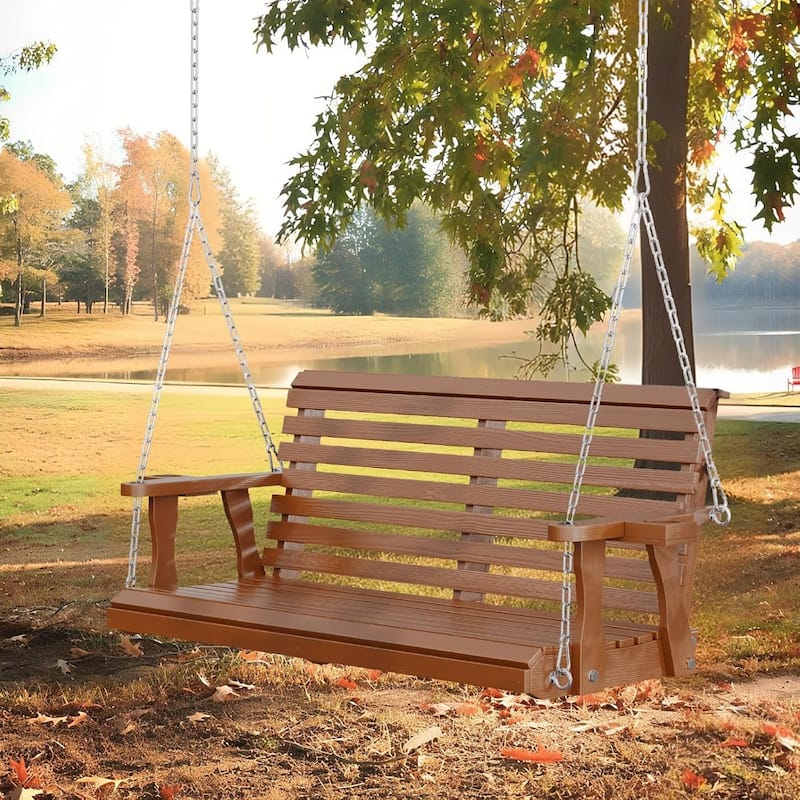 2-Seat Outdoor Wooden Porch Swing Bench with Hanging Chains & Wide Armrests & Cup Holder