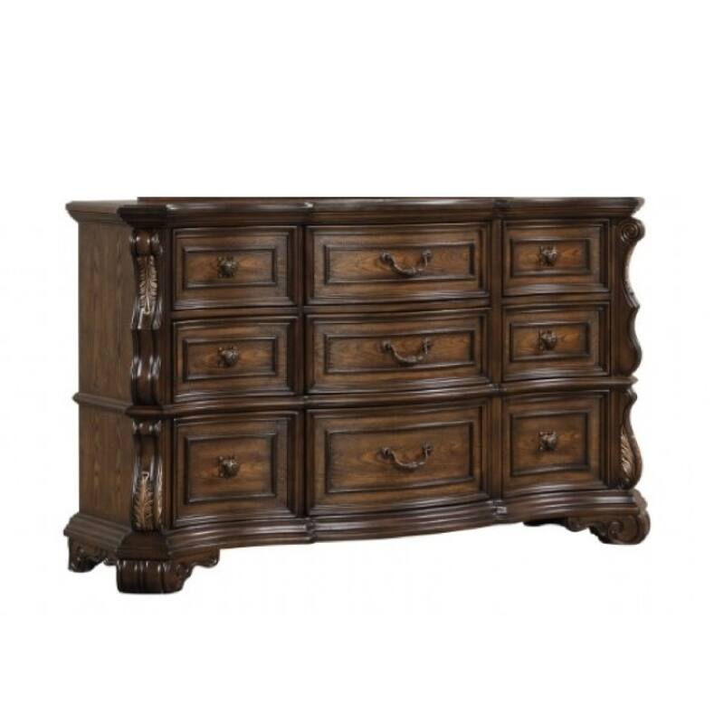 Leova Wide Dresser, 9 Drawers, Ornate Molding, Brown Asian Hardwood