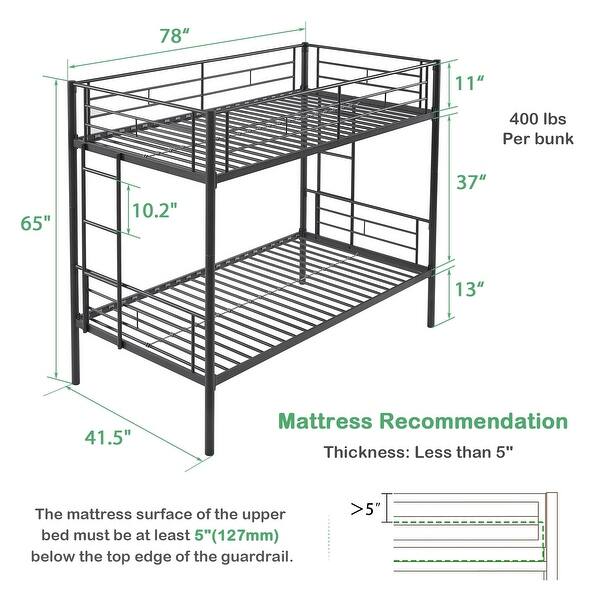 dimension image slide 1 of 4, Bunk Bed Metal Twin Size Bunk Beds Frame with Ladder & Full-Length Guardrail Heavy Duty Sturdy 2 in 1 Convertible Bunk Bed
