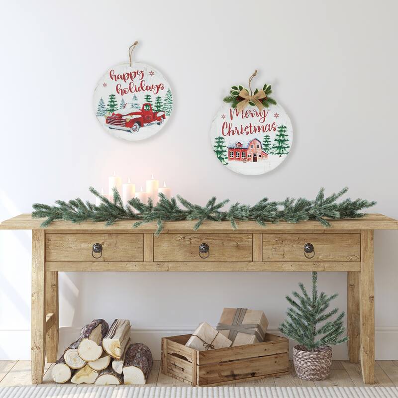 Merry Christmas and Happy Holidays Wall Signs - 15.75" - Set of 2 - Red and Green