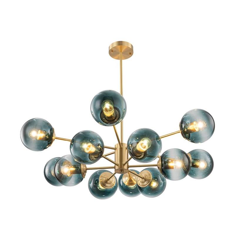 Mid-Century 12-Light Sputnik Blue Glass Bubble Chandelier 35.4in