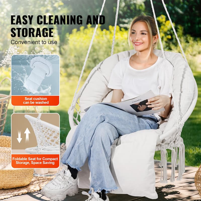 Hanging Hammock Swing Chair, Macramé Hanging Chair with Cushion and Mounting Hardware, Cotton Rope Swing Chair