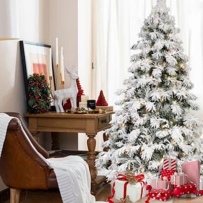 8ft Flocked Scarecrow-Shaped Christmas Tree with 470 Warm White LED Lights,1242 PVC Memory Wire Tips,Power Pole&Hinged Structure