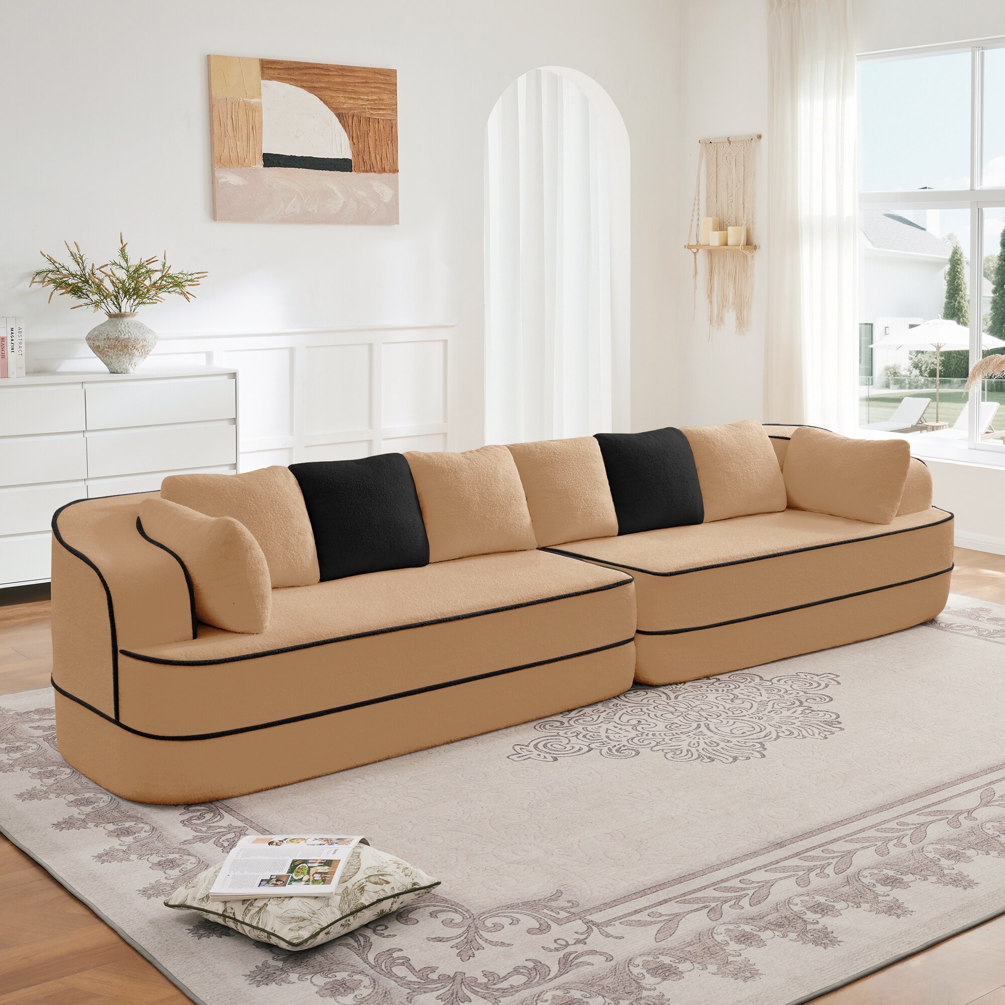 135" Two-Tone Sofa Teddy Fabric Sofa, Boneless Couch with Sponge Cushions, Stylish Sectional Sofa with Pillows for Living Room