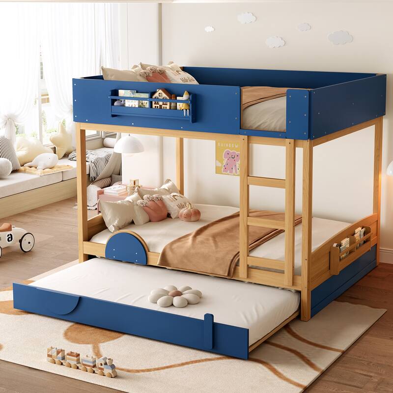 Roomfitters Car Shaped Bunk Bed with Trundle and Bookshelf, Solid Wood Auto Frame