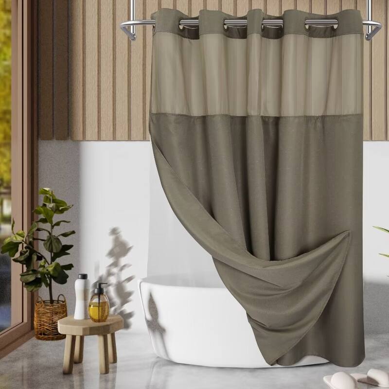 No Hook Slub Linen Texture Shower Curtain with PEVA Snap-in Liner