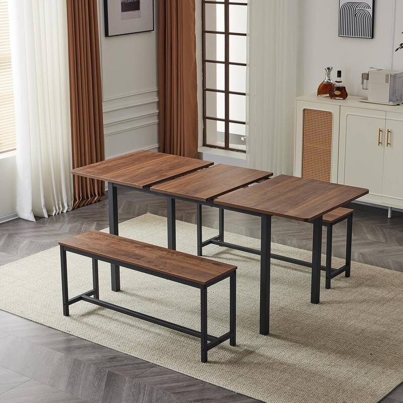 3 - Piece Expandable Dining Set,One Table With Two Benches - Brown
