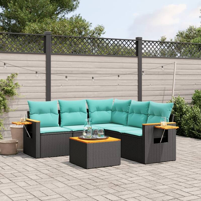 vidaXL 5 Piece Patio Sofa Set with Cushions Black Poly Rattan - 21.7x27.2x24.4-With table