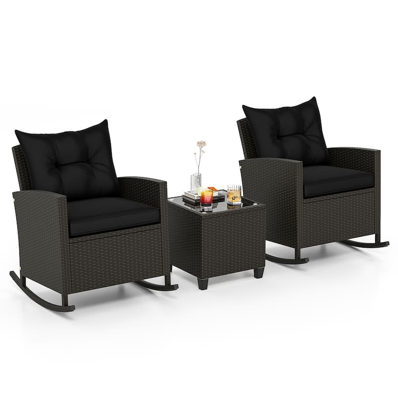 Gymax Set of 3 Wicker Rocking Set w/ Tempered Glass Table Patio