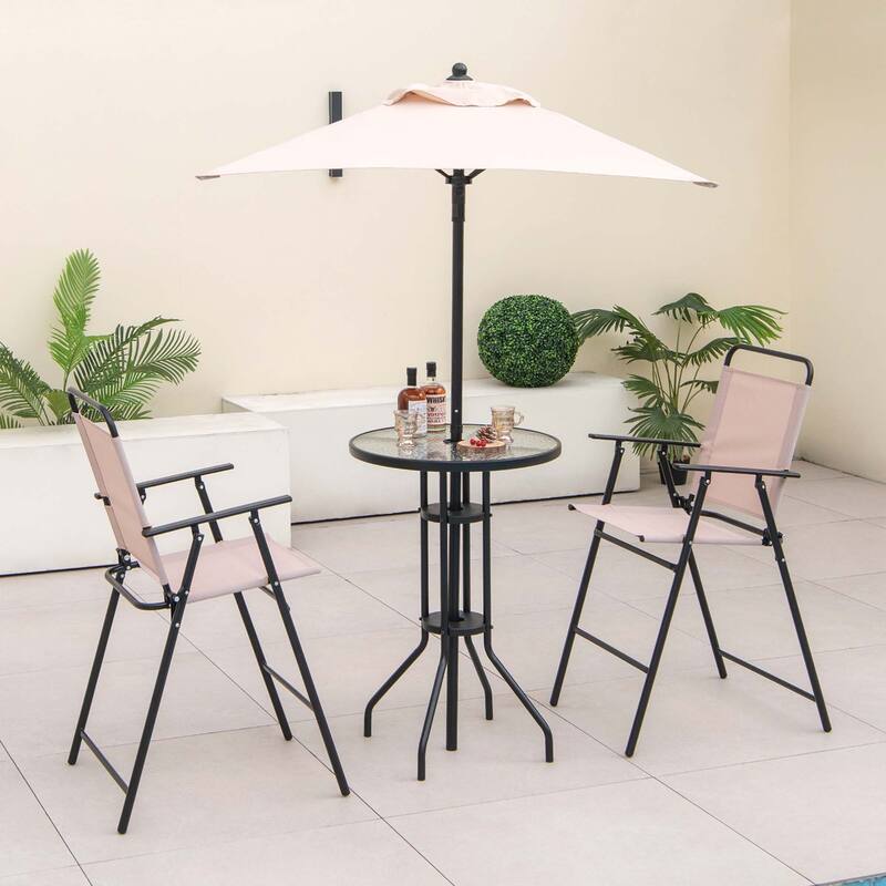 4PCS Patio Bistro Set Folding Chairs Round Bar Table & Umbrella