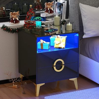 Nightstand with LED Night Stand with Rattan Drawers