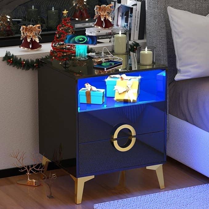Nightstand with LED Night Stand with Rattan Drawers