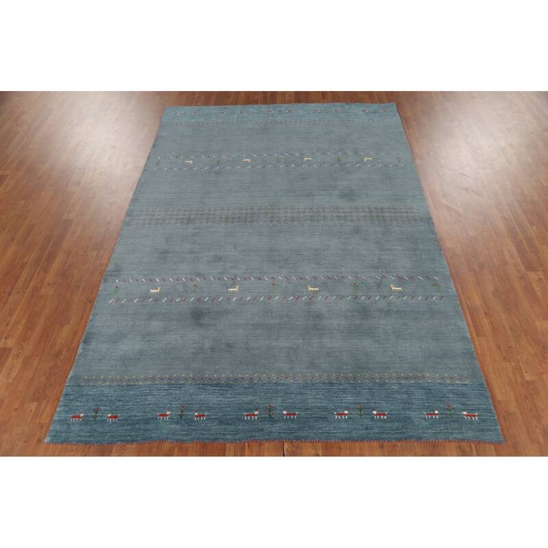 Blue Gray Gabbeh Indian Area Rug Hand-Knotted Wool Carpet - 6'8"x 9'8"