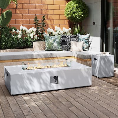Patio Watcher Outdoor 56in. Rectangular Iron Fire Pit Table with Propane Tank Cover and Glass Wind Guard
