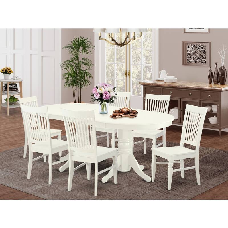 7-Piece Oval Dinette Set - Kitchen Table with Butterfly Leaf & 6 Chairs - Linen White Finish - 76.3
